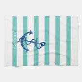 ミントアンドホワイトストライプいかりブルー航海の2 キッチンタオル (横)