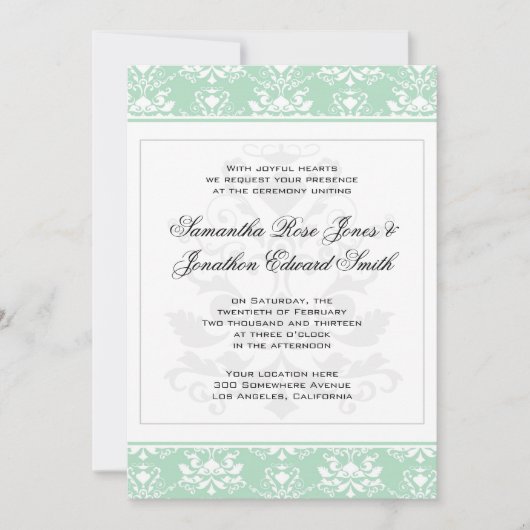 ミントアンドホワイトダマスク結婚式招待状 招待状 (正面)