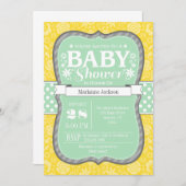ミントイエローグレーフローラフラワーベビーシャワー招待状 招待状 (正面/裏面)