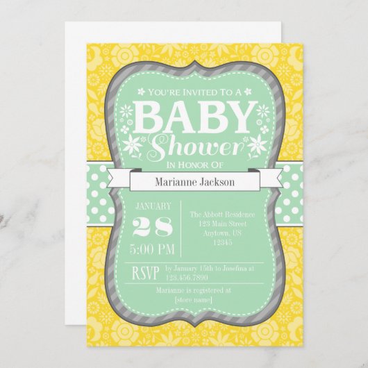 ミントイエローグレーフローラフラワーベビーシャワー招待状 招待状 (正面/裏面)
