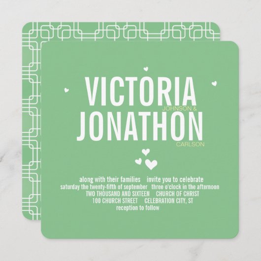 ミントイエローモダン幾何学的パターンタイポグラフィ 招待状 (正面/裏面)