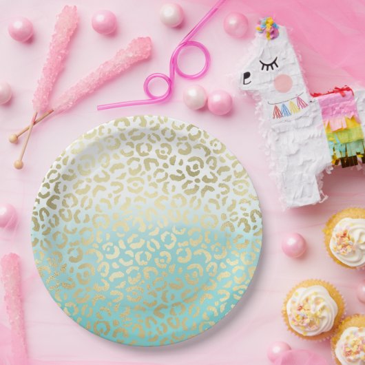 ミントウォーターカラーグラデーショングラム金ゴールドヒョウ ペーパープレート (パーティー)