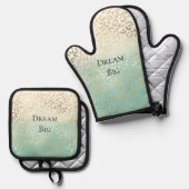 ミントウォーターカラーグラデーショングラム金ゴールドヒョウ 鍋つかみ&鍋敷きセット (正面/裏面)