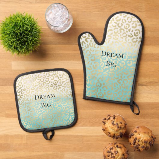 ミントウォーターカラーグラデーショングラム金ゴールドヒョウ 鍋つかみ&鍋敷きセット (トップダウン)