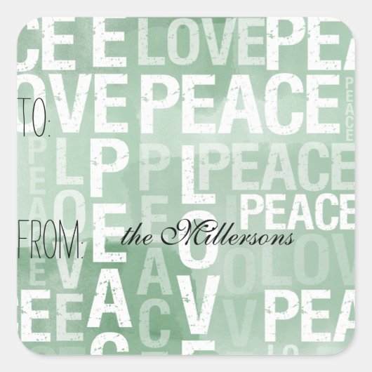 ミントウォーターカラーグラデーションラブピースギフトラベル スクエアシール (正面)