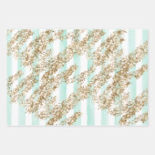 ミントウォーターストライプカラー金ゴールドグリッターハート ラッピングペーパーシート (正面3)