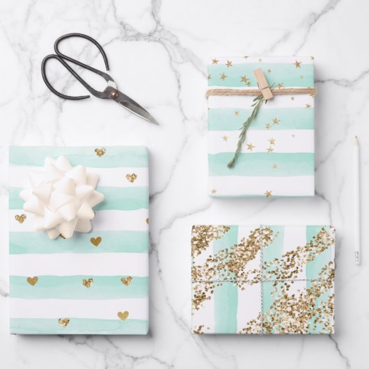 ミントウォーターストライプカラー金ゴールドグリッターハート ラッピングペーパーシート (正面)