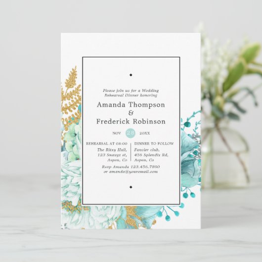 ミントウォーター色のフローラ結婚のリハーサルディナー 招待状 (スタンド正面)