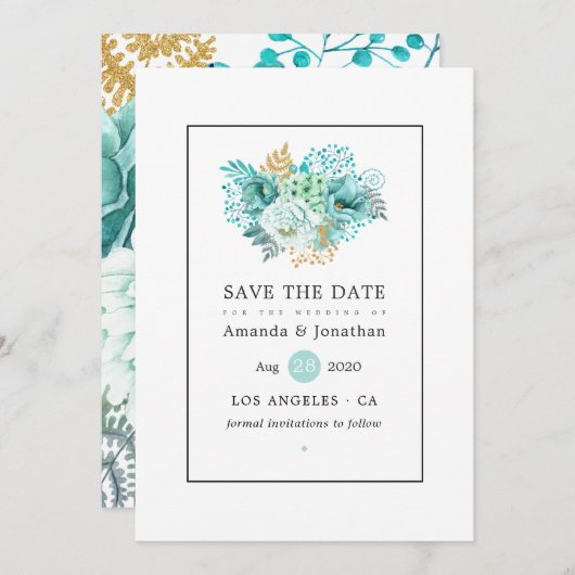 ミントウォーター色のフローラ結婚ズ セーブザデート (正面/裏面)