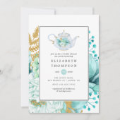 ミントウォーター色フローラブライダルシャワーティーパーティー 招待状 (正面)