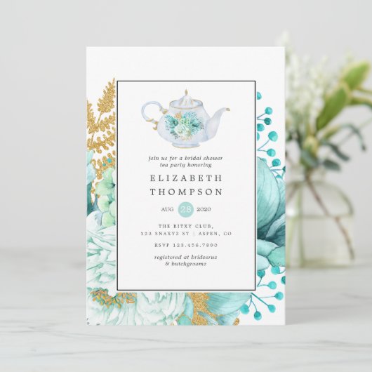 ミントウォーター色フローラブライダルシャワーティーパーティー 招待状 (スタンド正面)