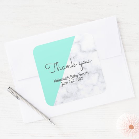 ミントエレガントと白い大理石の赤ちゃんシャワー スクエアシール (封筒)
