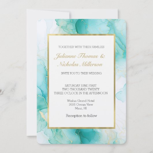 ミントエレガントアクアパール金ゴールドマーブル結婚ズ 招待状 (正面)