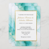 ミントエレガントアクアパール金ゴールドマーブル結婚ズ 招待状 (正面/裏面)