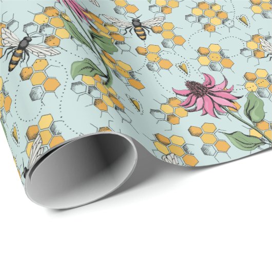 ミントエレガントクイーンビーハニカム&フラワー ラッピングペーパー (ロールコーナー)