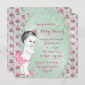 ミントエレガントグリーンとピンクのローズベビーガールシャワー 招待状 (正面/裏面)