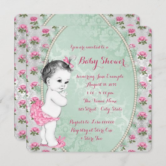 ミントエレガントグリーンとピンクのローズベビーガールシャワー 招待状