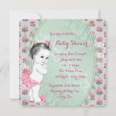 ミントエレガントグリーンとピンクのローズベビーガールシャワー 招待状 (正面)