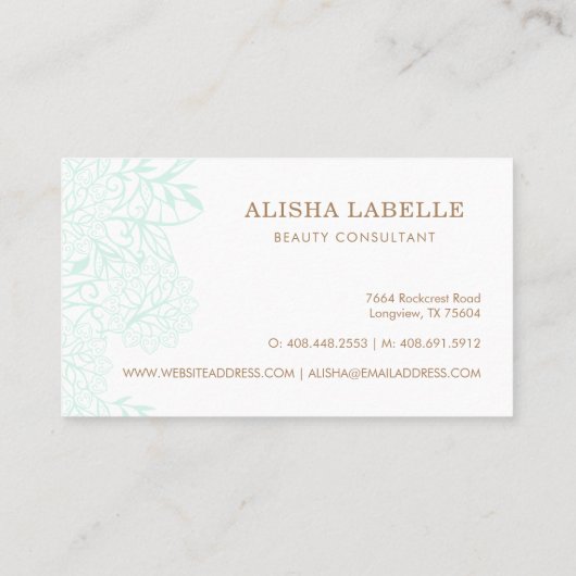 ミントエレガントグリーンとホワイトフローラの葉レース 名刺 (裏面)
