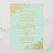 ミントエレガントグリーンの金淡い色の箔レース結婚 箔招待状 (正面)