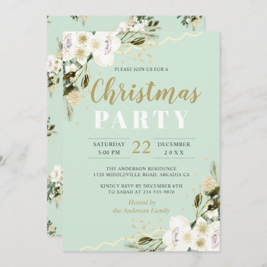 ミントエレガントグリーンウォーター色フローラクリスマス 招待状 (正面/裏面)