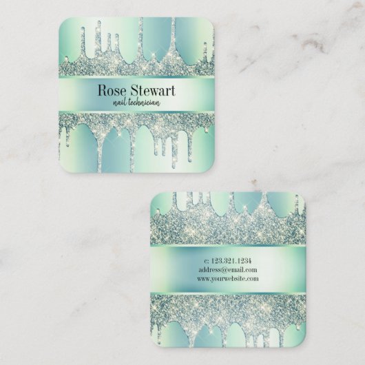 ミントエレガントグリーングリッタードリップ爪、 ネイル スクエア名刺 (正面/裏面)