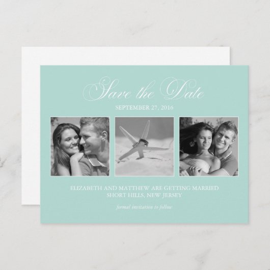 ミントエレガントグリーンフォトウェディング日付を保存 案内ポストカード (正面/裏面)