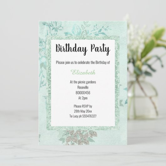 ミントエレガントグリーンフローラ積層誕生日 招待状 (スタンド正面)