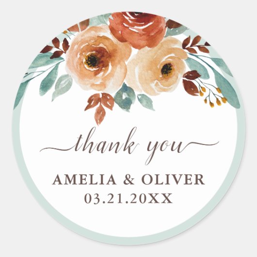 ミントエレガントグリーンフローラ結婚の感謝 ラウンドシール (正面)