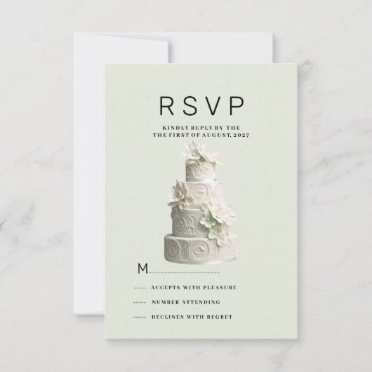 ミントエレガントグリーンホワイトフローラケーキRSVP 招待状 (正面)