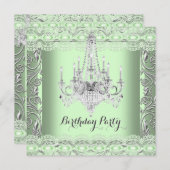 ミントエレガントグリーンレースシャンデリア誕生日パーティー 招待状 (正面/裏面)