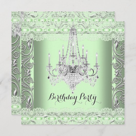 ミントエレガントグリーンレースシャンデリア誕生日パーティー 招待状 (正面/裏面)