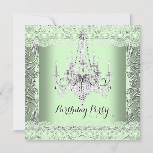 ミントエレガントグリーンレースシャンデリア誕生日パーティー 招待状 (正面)