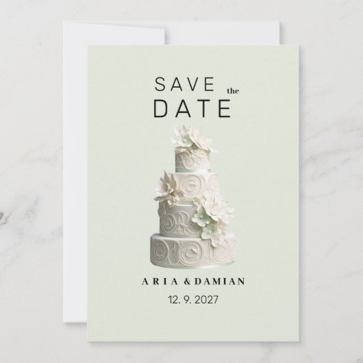 ミントエレガントグリーン白フローラケーキ日付を保存 招待状 (正面)