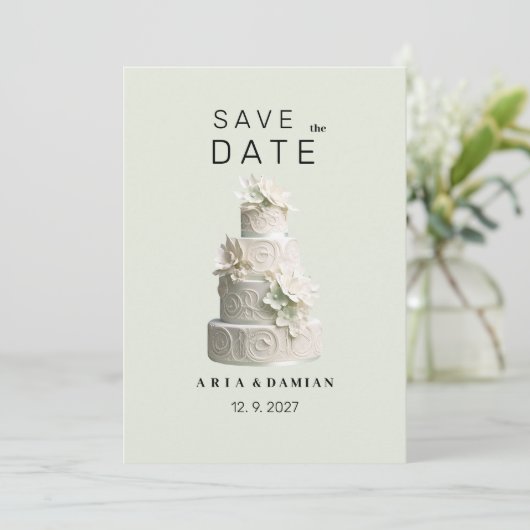 ミントエレガントグリーン白フローラケーキ日付を保存 招待状 (スタンド正面)