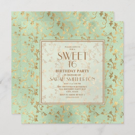 ミントエレガントグリーン金ゴールドスイート16 招待状 (正面/裏面)