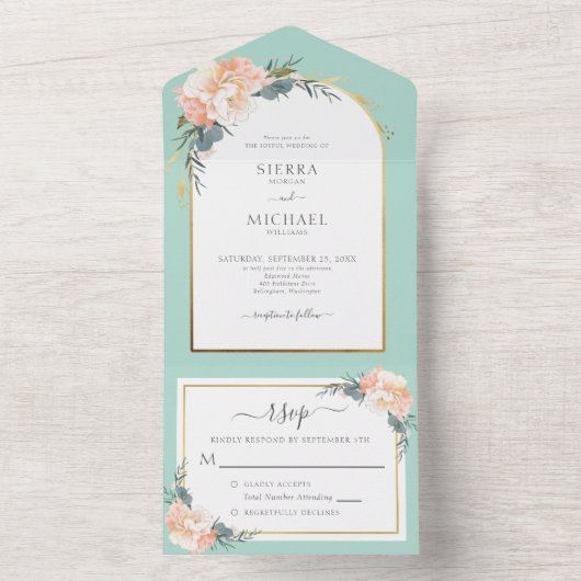ミントエレガントグリーン金ゴールドピーチクリームフローラズ結婚 オールインワン招待状 (内側)