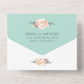 ミントエレガントグリーン金ゴールドピーチクリームフローラズ結婚 オールインワン招待状 (裏面)