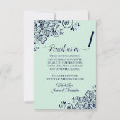 ミントエレガントグリーン&ネイビーブルーオーバルフォトズ結婚ーズ セーブザデート (裏面)