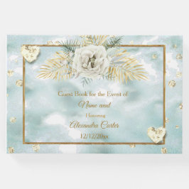 ミントエレガントティール（緑がかった色）ブルー金ゴールド大理石バラフローラ ゲストブック
