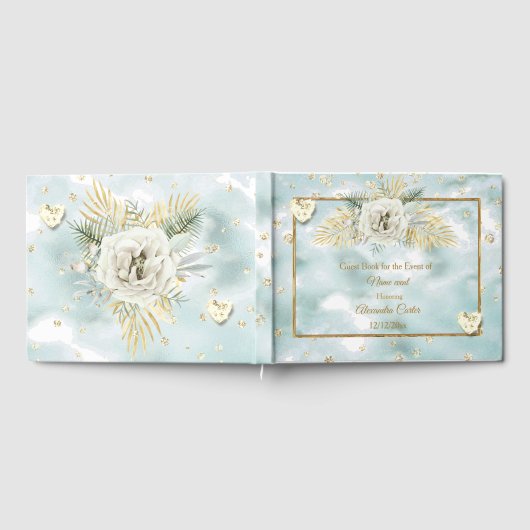 ミントエレガントティール(緑がかった色)ブルー金ゴールド大理石バラフローラ ゲストブック (全面)