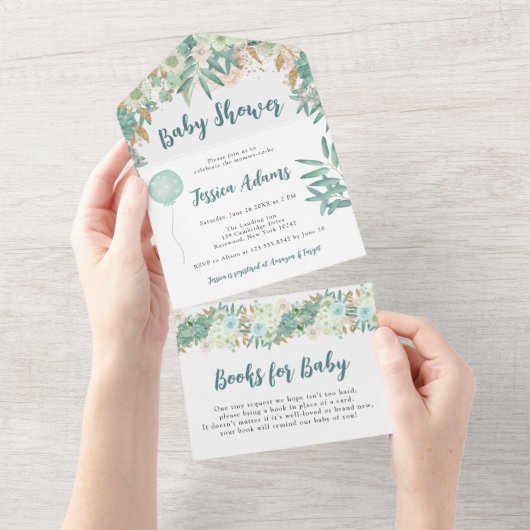 ミントエレガントフローラベビーシャワー オールインワン招待状 (貼ってはがせる)