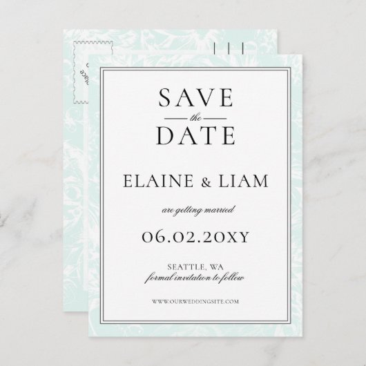 ミントエレガントフローラ結婚式の日付を保存 案内ポストカード (正面/裏面)