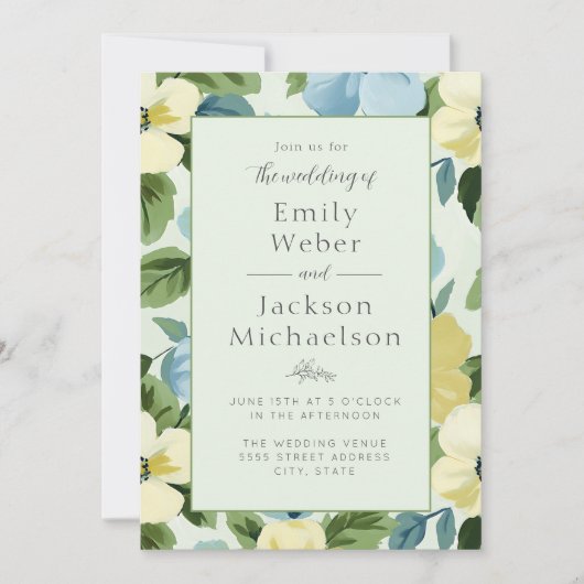 ミントエレガントブルーイエローフローラ結婚ズ 招待状 (正面)