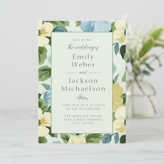 ミントエレガントブルーイエローフローラ結婚ズ 招待状 (スタンド正面)