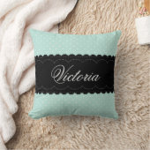 ミントエレガントブルー水玉模様ブラックレース名前をカスタムする クッション (ブランケット)