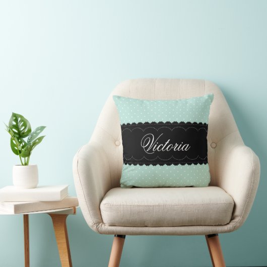 ミントエレガントブルー水玉模様ブラックレース名前をカスタムする クッション (椅子)