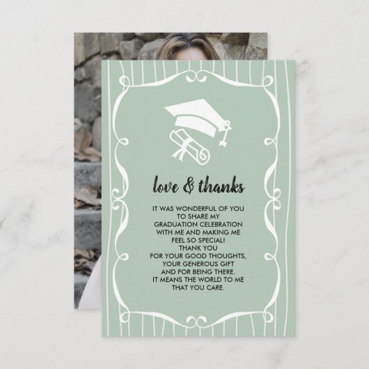 ミントエレガントホワイト卒業ありがとうフォトカード 招待状 (正面/裏面)