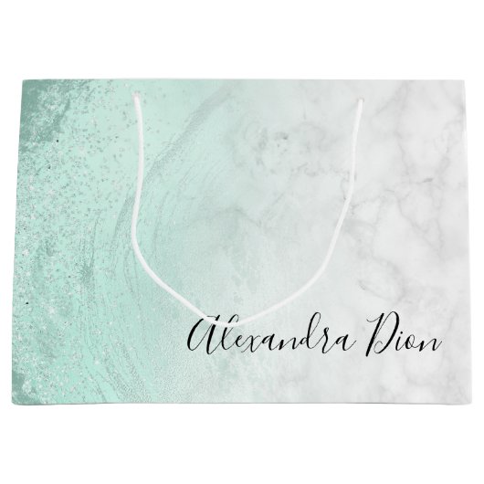 ミントエレガントモダングリーングリッター白大理石 ラージペーパーバッグ (正面)