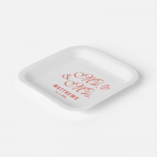 ミントエレガントレッドのミスター・アンド・ミセス・モノグラム結婚・ナップ ペーパープレート (傾斜あり)